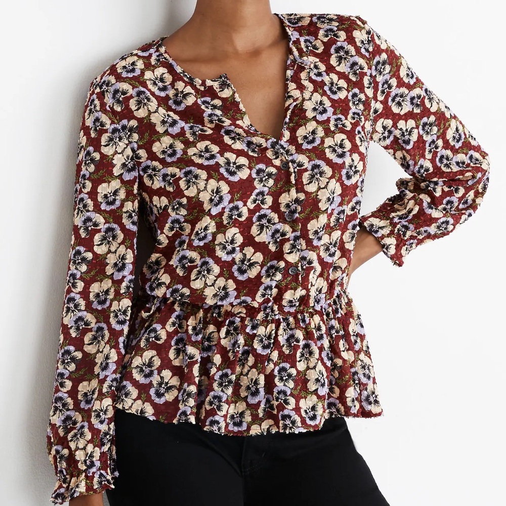Madewell Drawstring Ruffle-Hem Top in Viola Floral Size Small